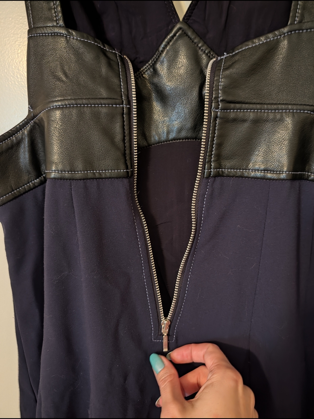 Vegan Leather/Mixed Media Cutout Midi Dress - Navy/Black- Anthropologie - Picture 12 of 13